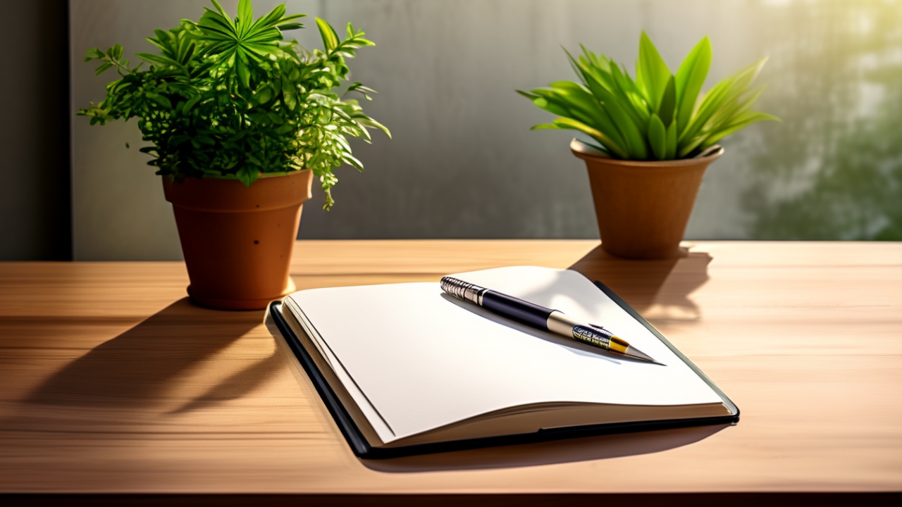 Caderno e caneta sobre mesa de madeira