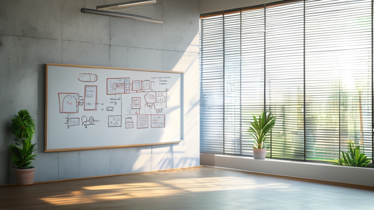 Quadro branco com diagramas em ambiente de escritorio