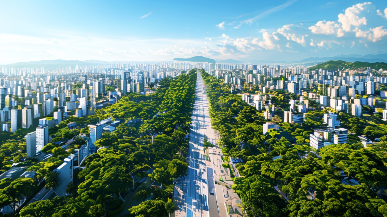 Vista aerea de cidade com avenidas arborizadas
